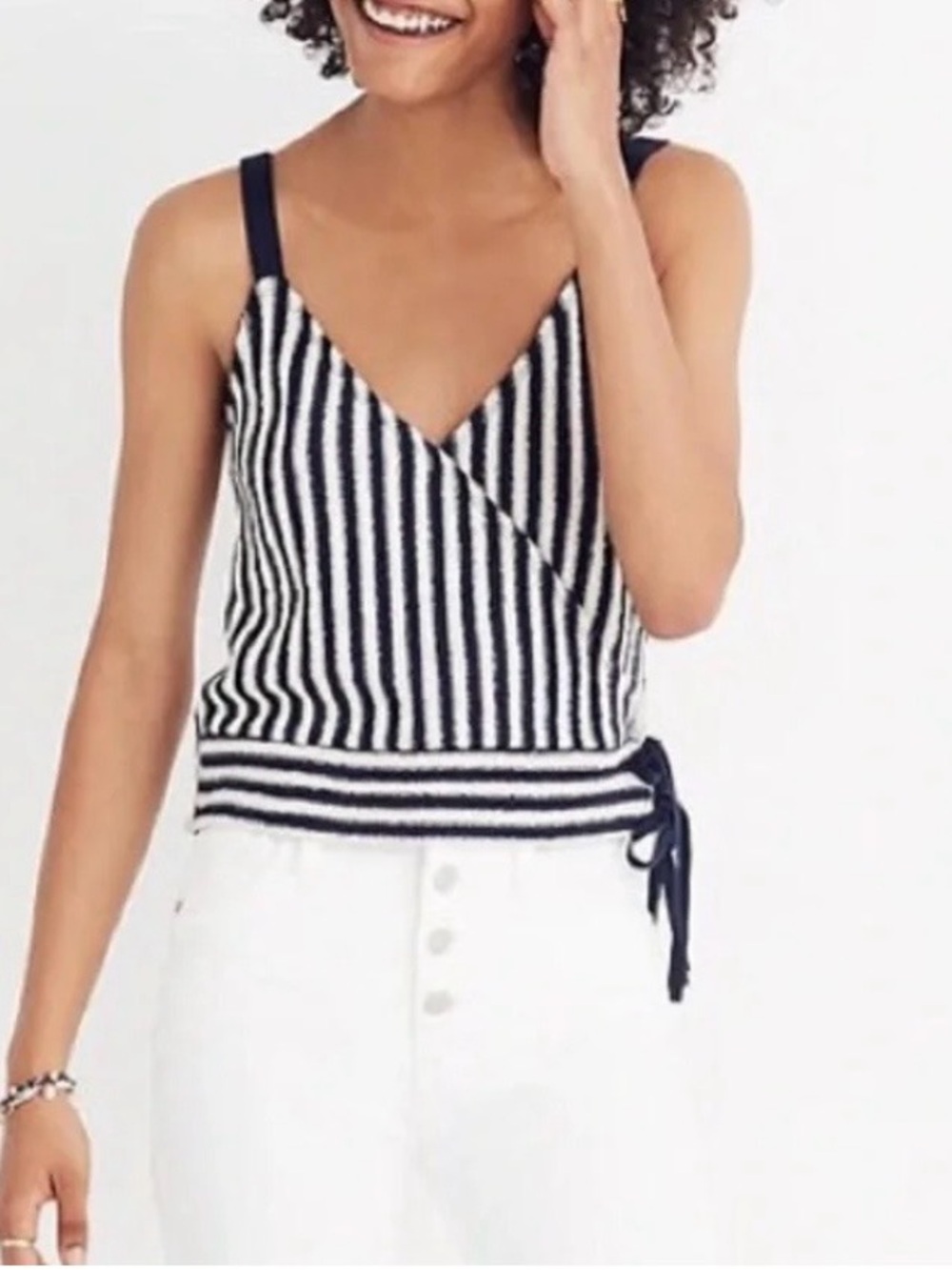 NWT Madewell Finale Navy & Cream Stripe Faux Wrap Tank Top Size XL